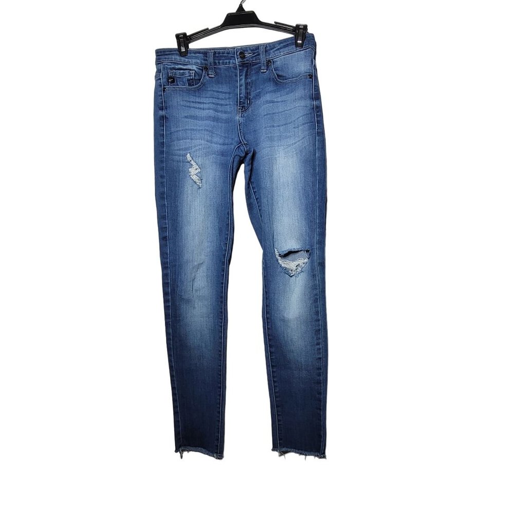 Kancan Women's Distressed Skinny Raw Hem Denim Blue‎ Jeans Size 27